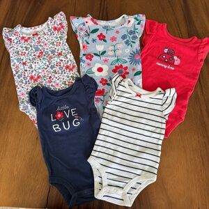 Carter’s Bundle of 5 Floral, Striped, Red, White and Blue Bodysuits Size 6M